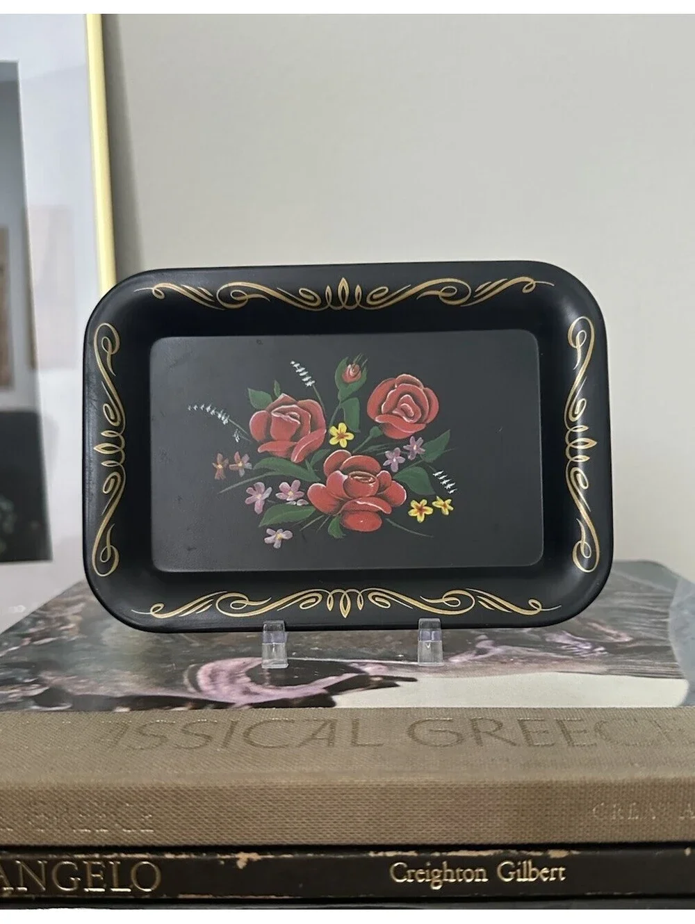 Vintage Black Metal Rectangular Hand Painted Red Roses Floral Tray 7”x4.5”